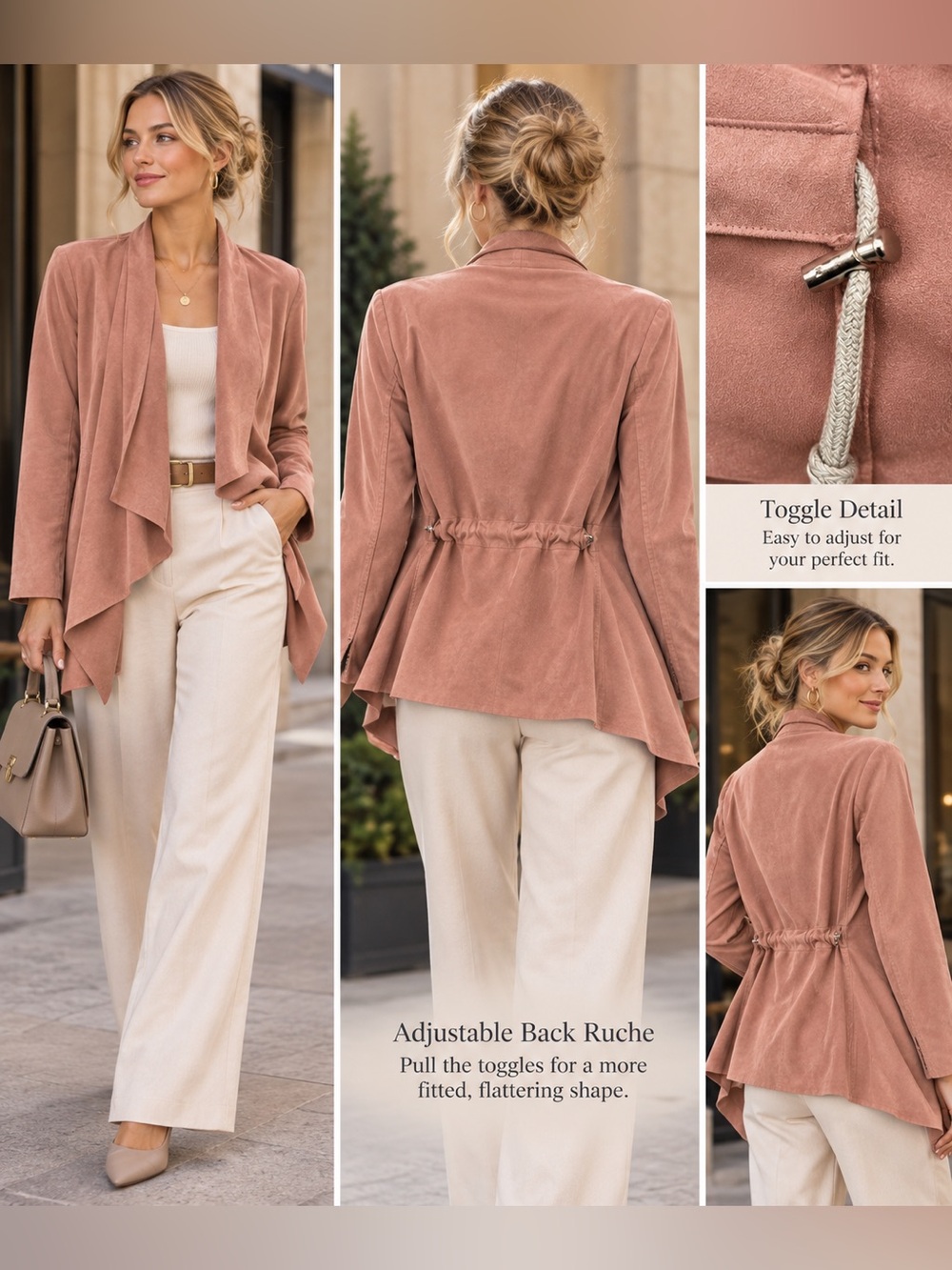 Draped Open-Front Blazer in Dusty Rose Faux Suede
